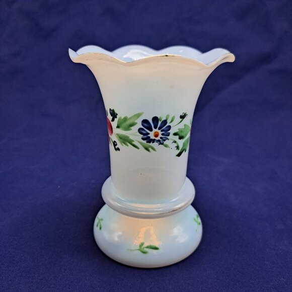 Hand Blown Ruffled Opal Glass Vase Floral Design - Picture 3 of 12